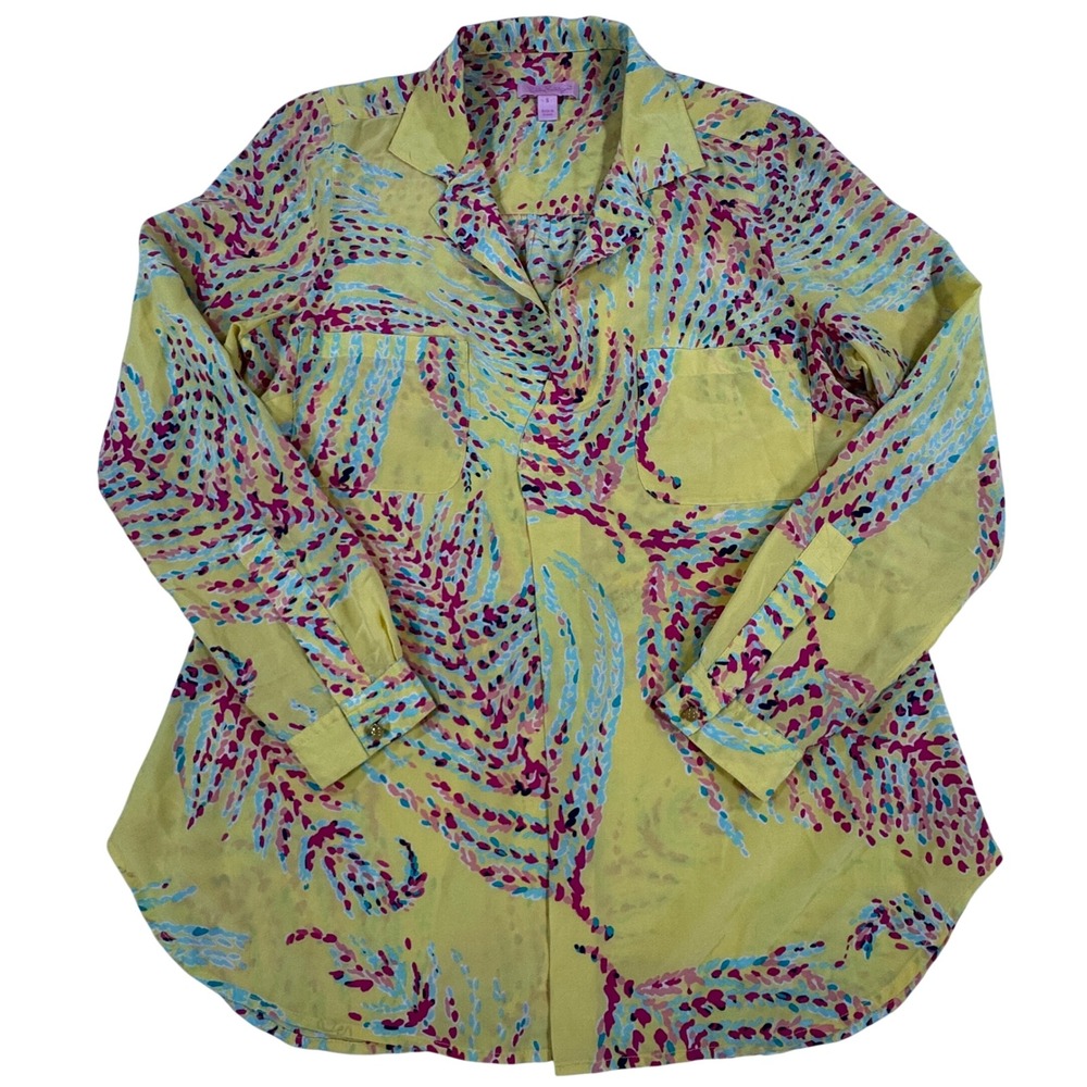 Lilly Pulitzer Silk Button Down Blouse Yellow Abstract Print Long Sleeve S